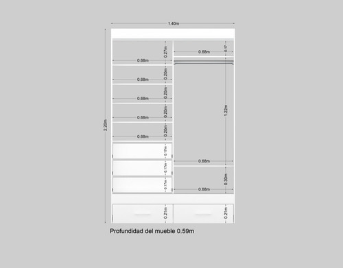 Placar Ropero Puerta Corrediza Cajones 140 Ancho