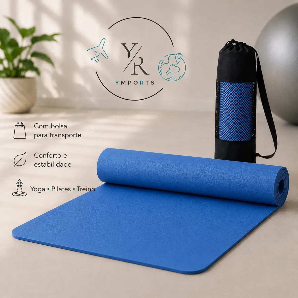 Tapete de Yoga YR Ymports de Borracha EVA Antiderrapante Azul, com Bolsa de Transporte