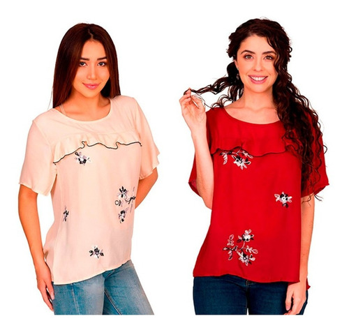Set De 2 Blusas Bordado Flores Con Olan Talla Ch M-8813-2