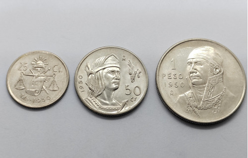 Lote 3 Monedas Mexicanas De 1950, Plata Ley300, 25c 50c Y $1