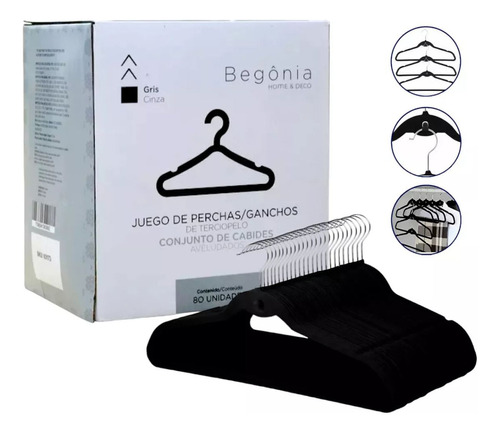 Colgadores De Ropa Begônia EST-M00080G Pack 80 Unidades Antideslizante Color Negro