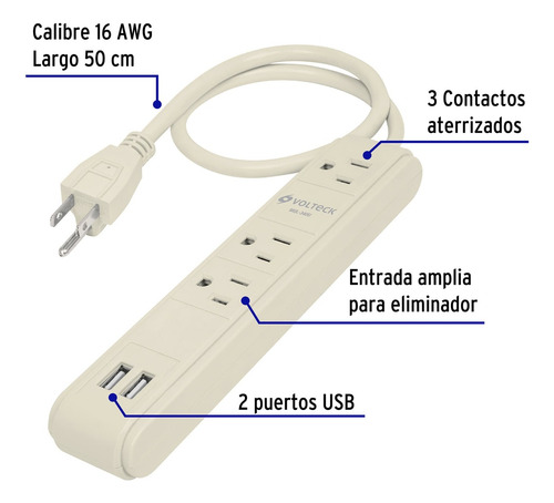 Multicontacto Supresor De Picos 2 Usb Turbo Cargador