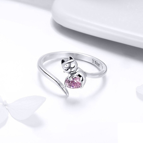 Anillo De Plata S925 Diseño Gato Amor Rosa