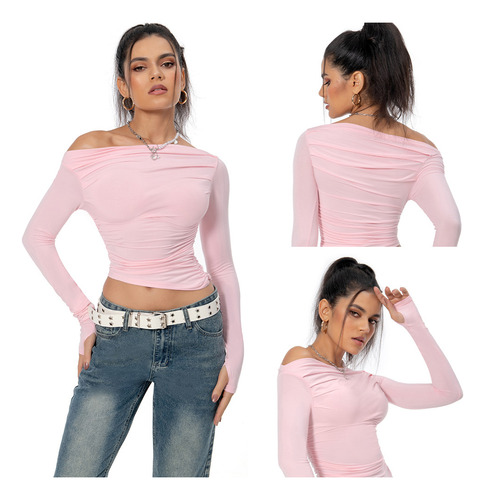 Camisa Y2k Con Hombros Descubiertos, Top Rosa, Manga Larga,