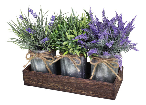 Planta Artificial Lavanda En Maceta Metal Con Base De Madera