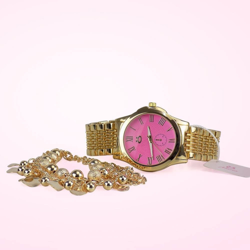 Kit Relógio Feminino Dourado+pulseira Bonito 100% Original