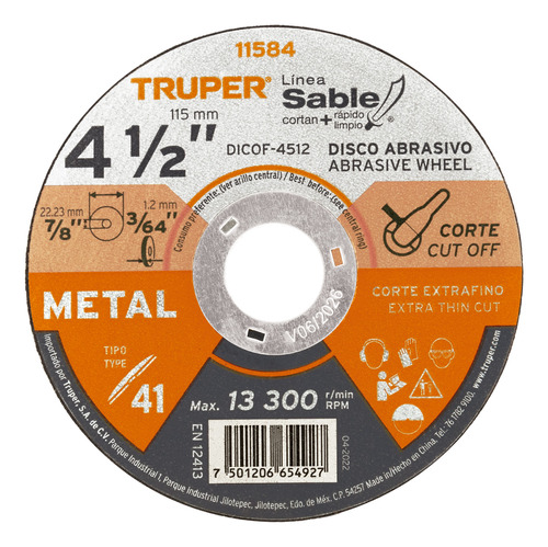 Disco 41 P Corte Fino Metal  Sable 4-1/2' 11584 10 Pz