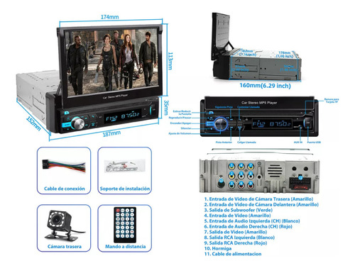 Autoestéreo Pantalla Retráctil Bluetooth Mp5 Cámara Reversa