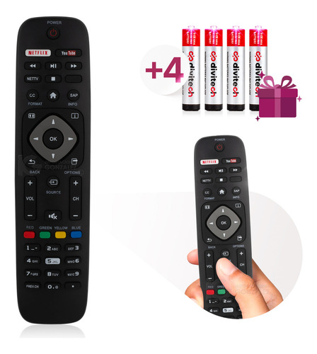 Control Remoto Compatible Con Philips Smart 40pf149 Netflix Y Youtube Incluye 4 Pilas Divitech® Aaa