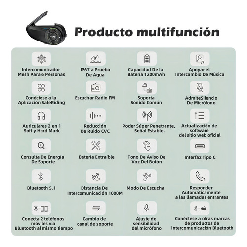Ejeas Q8 Intercomunicador Moto Bluetooth 1200mts 6 Piloto Color Negro