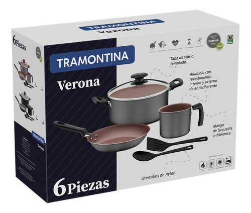 Set Batería De Cocina 6pzas Tramontina Loreto De Aluminio Color Gris Claro