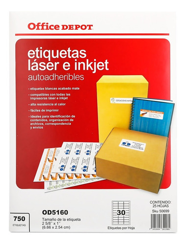 3 Etiqueta Od5160 Adhesiva Laser/inkjet 6.6 X 2.54cms C/750 