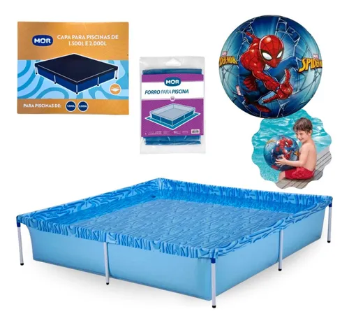Kit Piscina Quadrada 1500 L + Capa, Forro E Bola Inflável
