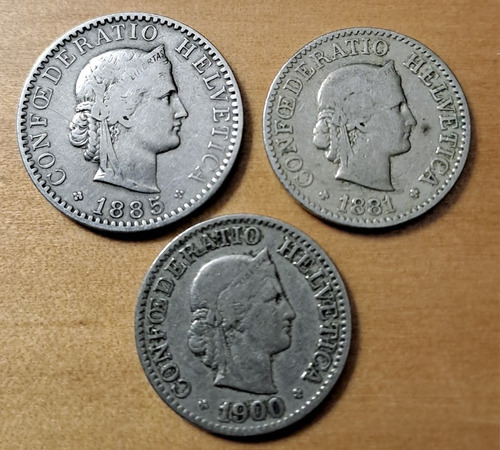 Suiza X 3 Monedas 10 Centavos 1881 Y 1900 + 20 Centavos 1885