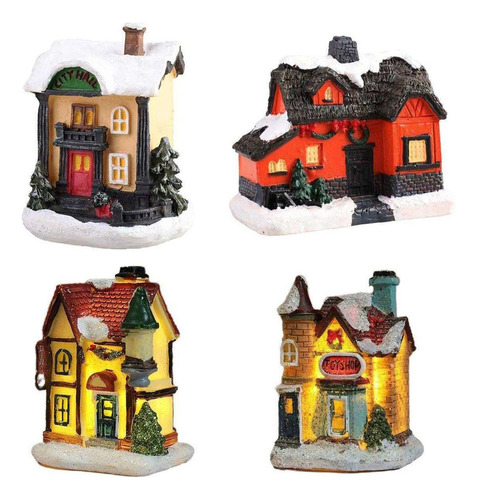 4x Christmas Snow House Led Juego De Aldea En Miniatura