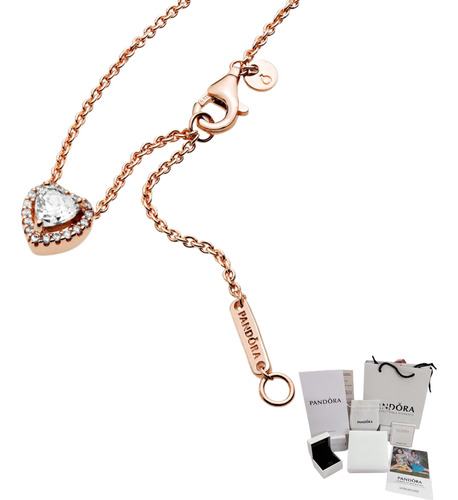 Collar Pandora Rosa Rose Gold Corazón Elevado + Kit D Regalo