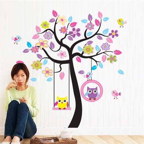 Imagen 7 de 7 de Vinilo Decor Sticker Arte Niño Pared - Arbol Buhos Color