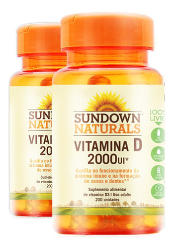 Kit 2 Vitamina D 2000ui - Sundown Naturals - 200 Cápsulas Sabor Sem Sabor