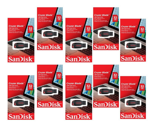 Paquete 10 Memoria Usb 32gb Sandisk 2.0 Sdcz50-032g-b35 Color Negro/rojo