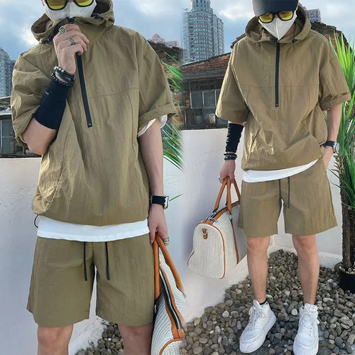 Camisa Cargo Set De Manga Corta Con Capucha Y Pantalones Cor