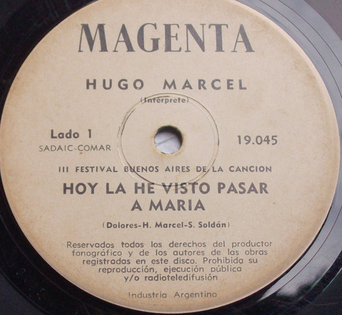 Hugo Marcel - Hoy La He Visto Pasar A Maria / Vinilo Simple