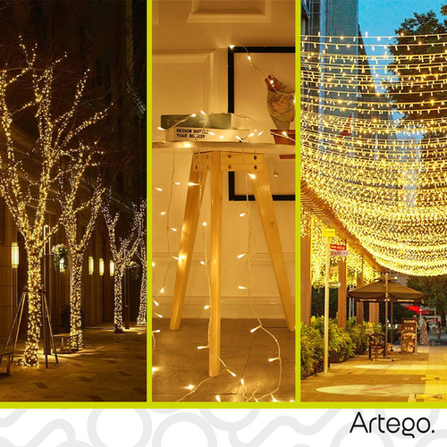 Luces Serie 200 Led Color Luz Cálida Color Cable Transparente Oscuro Artego Interior Exterior Decoración Navidad Árbol Navidad Eventos Led Christmas String Lights Waterproof 8 Modos Uso Temporizador