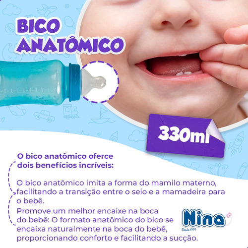 Kit 2 Mamadeiras Bico Ortodôntico Menino Menina 330ml