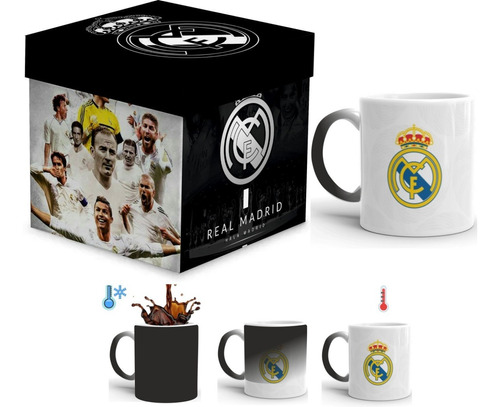 Real Madrid Taza Mágica Fútbol Y Caja De Madera Para Regalo