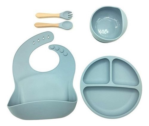 Set De Cubiertos Y Plato De Silicona Con Babero Para Bebes.