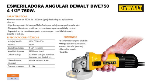 Esmeriladora Angular 4-1/2 Dewalt Dwe750 750w