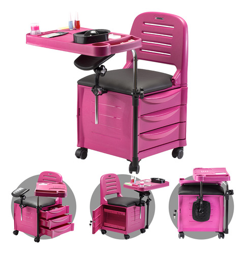 Silla de manicura Cirandinha Venice Dompel, rosa, con mesa, ruedas y reposapiés, patas