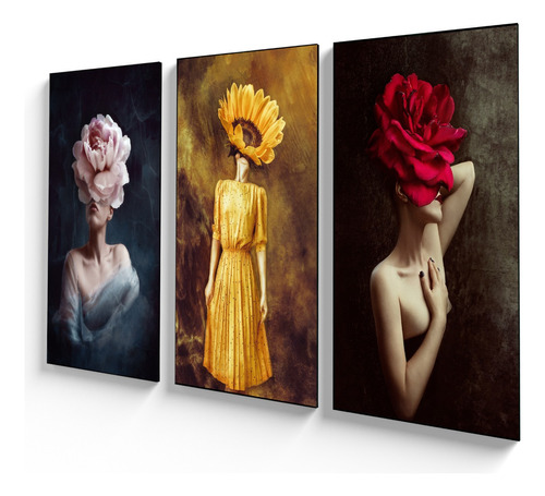 Cuadro Tríptico Diseño Abstracto De Mujeres Con Flores 90x50