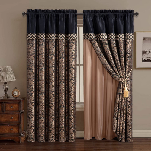 4 Cortina Para Ventana Jacquard Floral Respaldo Borla