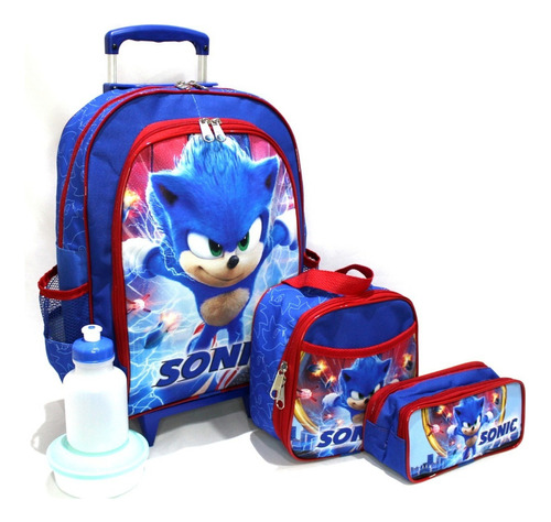 Kit Mochila Infantil Escolar Sonic Game Grande Rodinhas