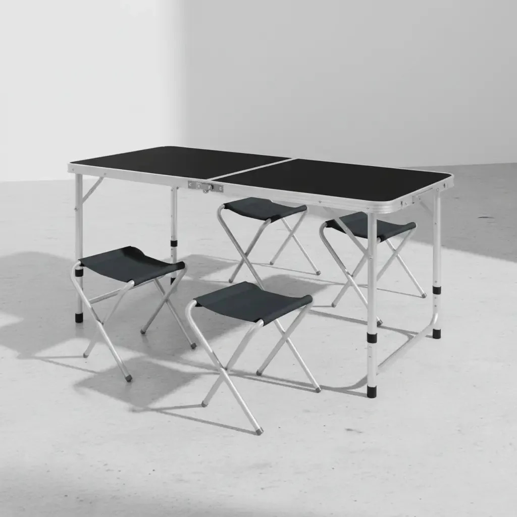 Mesa Camping Plegable Jardín Aluminio + 4 Banquetas Negro