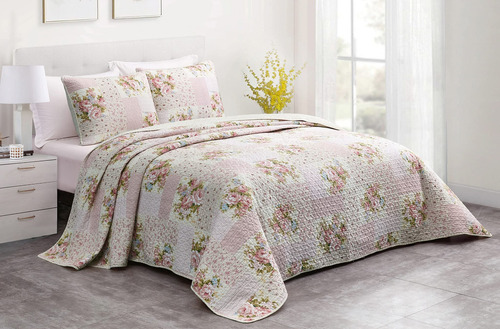 Juego De Edredón De Algodón 3 Piezas Tamaño King Flores Rosa