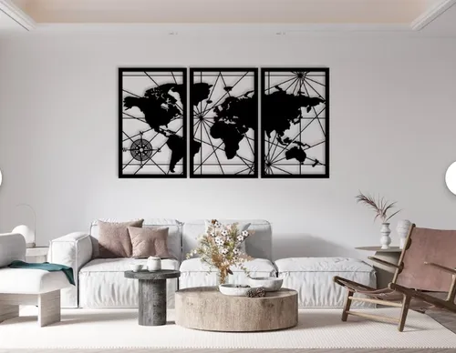 comprar Set De Cuadros Tríptico Mapamundi 35x60 Cm Cu En Madera Mdf