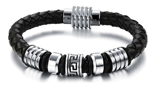 Pulseira Masculina Couro Trançado Aço Inox Fivela Magnética