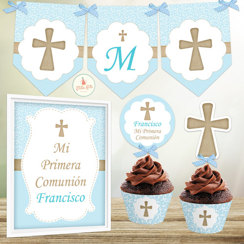 Kit Imprimible Comunión Celeste + Banner, Personalizado