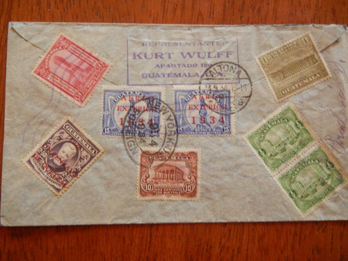 1934 Antigua Carta Con 8 Timbres De Guatemala A Alemania