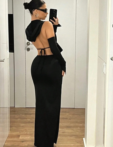 Vestido Top Con Capucha Pollera Larga Mangas Importado Sexy