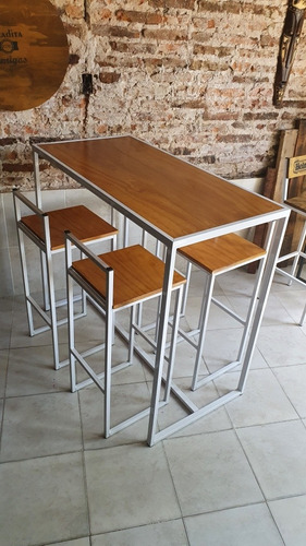 Mesa Desayuno Barra 120x60 + 4 Taburetes Industrial Madera