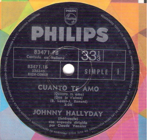 Johnny Hallyday: Cuanto Te Amo-yo Te Quiero / 33 Rpm Philips