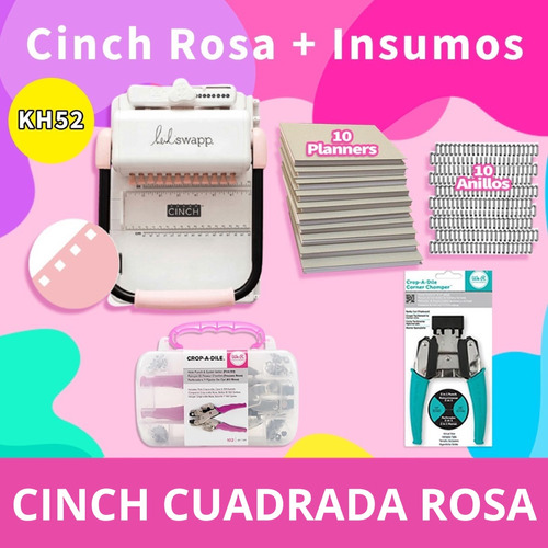 Encuadernadora Cinch Rosa, + 10 Agenda + Insumos Kh52