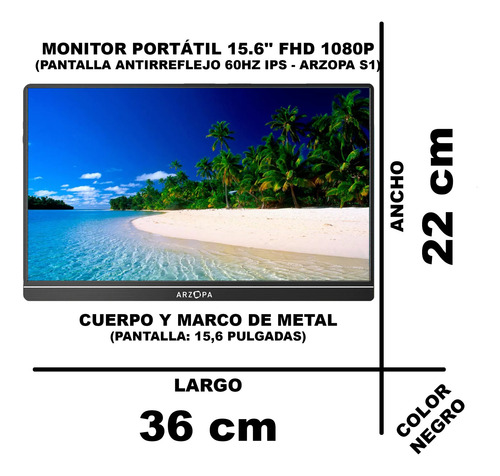 Monitor Portátil Metálico 15.6'' Ips Fhd 1080p Hdr Arzopa S1