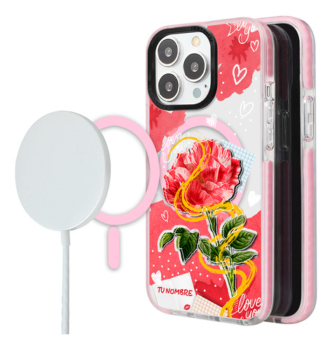 Funda Magsafe iPhone Para Mujer Corazones Flor Con Tu Nombre