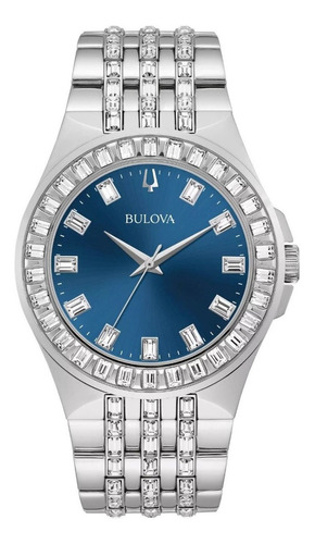 Relógio Bulova Phantom com cristais unissex originais, cor da pulseira, cor de fundo prateada, azul