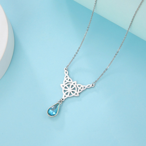 Imagen 5 de 7 de Collar Dije Nudo Bruja Mujer Cristal Gota Azul Acero Plata