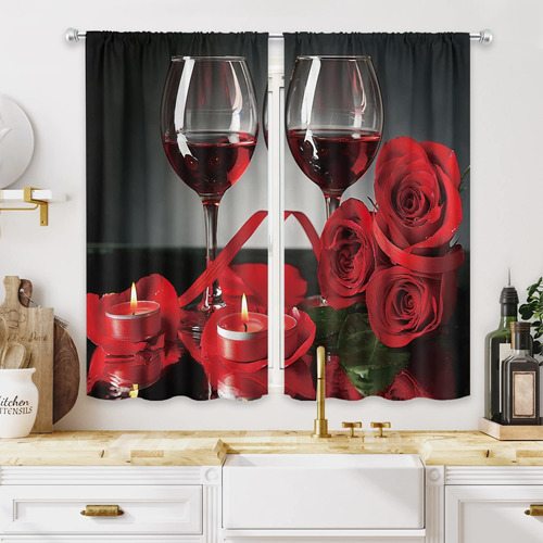 Cortinas De Cocina Con Rosas Rojas Y Vino, 27,5 Ancho X...