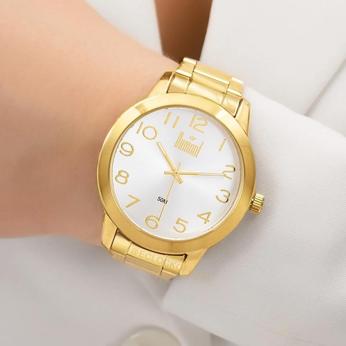 Imagem 7 de 9 de Kit Relógio Feminino Dourado Com Semi Joia Banhada A Ouro 18